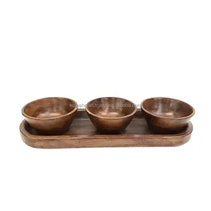 Ensemble de 3 plateaux ovales en bois de manguier avec bol autocollant multicolore et bol de vaisselle de style moderne de couleur naturelle - Product Image 1