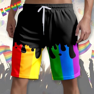 Shorts de bain décontractés pour hommes à séchage rapide, imprimé arc-en-ciel effet gouttelettes, taille mi-haute avec cordon de serrage - Product Image 2