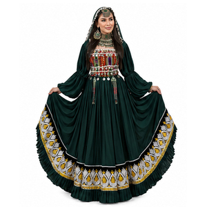 Lehenga Choli Verde con Bordado Intenso, Vestido Afgano Kuchi Largo Hasta el Suelo, Vestido Tradicional de Boda Afgano Kuchi para Mujer - Product Image 1