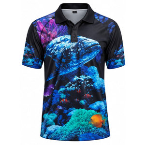 เสื้อโปโลผู้ชายสีดำแห้งเร็วพิมพ์ลายปลา UPF 50 สำหรับใส่ตกปลากลางแจ้ง - Product Image 2