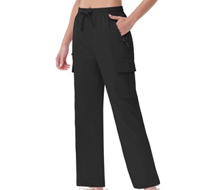 Women Black Cargo Pants Mid Waist Drawstring <b>Ankle</b>-Length Quick Dry Knitted Polyester Casual Spring Solid Color Regular Fit - Product Image 4