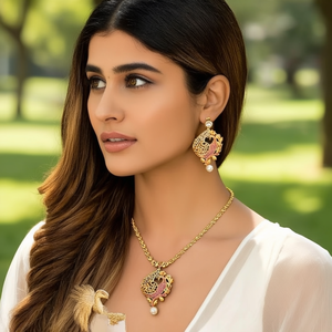 Fashion Jewelry Set Peacock Short Necklace with Jhumka Earrings - Product Image 3