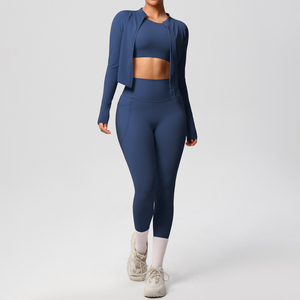 High Quality Fitness <b>Yoga</b> Three Piece Suit Long Sleeved Zipper Cardigan <b>Jacket</b> Long Sleeved Vest and <b>Yoga</b> Pants with Pockets - Product Image 4