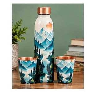 Botella de agua de cobre con diseño de flor de cerezo, tapa de cobre y dos tazas a juego, juego de recipientes portátiles para viaje. - Product Image 2