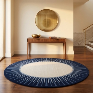 Modern Oval Sunburst Handmade <b>Tufted</b> <b>Rug</b> Navy Blue and Ivory Area Carpet - Product Image 2