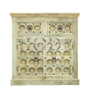 Armoire de buffet en bois de manguier massif de collection indienne sculptée à la main 2 tiroirs 2 portes finition naturelle cuisine salon meubles de maison - Product Image 1