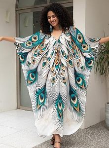 Robe longue maxi abaya à col en V, manches chauve-souris, coupe ample, imprimé paon, pour femme, plage, été, bohème, en polyester - Product Image 4