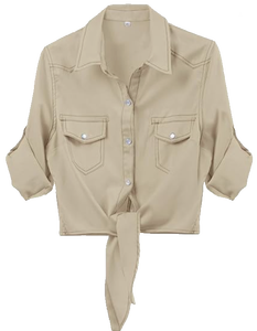 Chemisier en jean chambray court pour femme, à nouer devant, manches 3/4 retroussables, boutonné, style décontracté western cowgirl, écoresponsable - Product Image 4