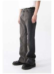 <b>Men's</b> High Waist Flare <b>Jeans</b> Sand Washed Cotton Casual Pants Button Fly Midweight Autumn Style - Product Image 5
