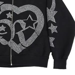 Oversize Acid Wash Hoodie Sudaderas con capucha de marca de alta calidad Zip Up Rhinestone Hoodie - Product Image 3