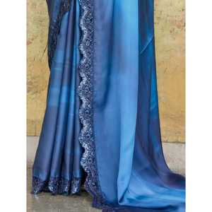 Vestido de fiesta de satén bordado azul Saree con blusa Vestido de noche atractivo - Product Image 2