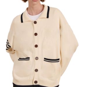 Custom Vintage Style Men's Cream White Knitted Polo <b>Cardigan</b> <b>Sweater</b> Lapel Collar Button Down Long Sleeve College Varsity Casual - Product Image 4