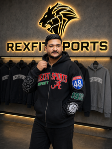 REXFITSPORTS 2026 Sweat à capuche graphique universitaire noir personnalisé à fermeture éclair intégrale, 280-300 GSM, en molleton de coton et polyester, style streetwear clouté - Product Image 4