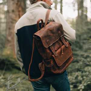 Vintage luxury <b>backpack</b> Crazy horse leather <b>backpack</b> Waterproof multi-pocket bag Leather travel laptop bag - Product Image 1