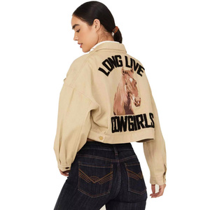 Veste en jean courte beige pour femme, style utilitaire, manches longues, col rabattu, fermeture boutonnée, imperméable, style automne-hiver - Product Image 2
