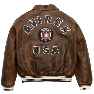 <b>Top</b> Quality Embroidery Street Wear <b>Leather</b> Avirex Jacket Custom Cowhide Genuine <b>Leather</b> Men's Avirex Jackets for Winter - Product Image 2