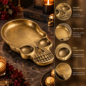 Bandeja de Servir de Aluminio con Diseño de Calavera Dorada Antigua para Decoración Gótica del Hogar, Fiesta de Halloween |   Plato Decorativo con Forma de Calavera, Regalo Artístico Único - Product Image 4