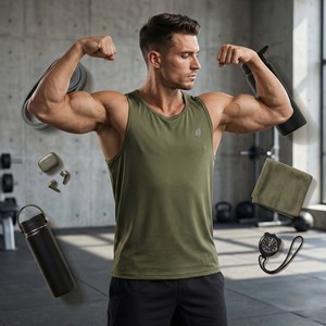 Camiseta Deportiva FIFOSPORTS para Hombre, Color Verde Oliva, sin Mangas, para Gimnasio, 100% Algodón, Transpirable y de Secado Rápido - Product Image 1