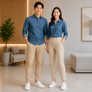 ชุดยูนิฟอร์มผ้าฝ้ายระบายอากาศสำหรับผู้ใหญ่ เสื้อเชิ้ตเดนิมสีน้ำเงินแบบยูนิเซ็กซ์ พร้อมกางเกงสีเบจ - Product Image 5