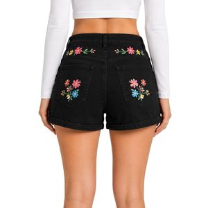 Shorts en jean taille haute pour femmes noires avec broderie florale colorée, shorts décontractés d'été, fabricant OEM ODM sur mesure - Product Image 2