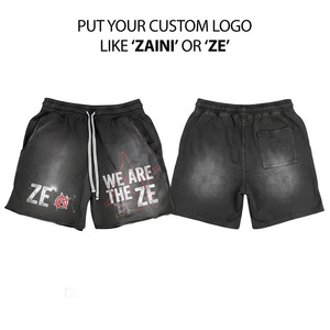Shorts pour hommes en coton molletonné premium 320 GSM, effet délavé, noir et gris, impression de logo personnalisée, taille élastique avec cordon de serrage, style streetwear - Product Image 1
