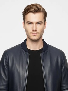 เสื้อแจ็คเก็ตบอมเบอร์หนังสีน้ำเงินกรมท่าสำหรับผู้ชาย - Product Image 3