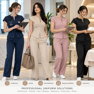 Conjunto de uniforme médico beige para mujer: blusa cruzada con cuello en V y pantalones acampanados, de poliéster tejido, apto para detectores de metales. - Product Image 2