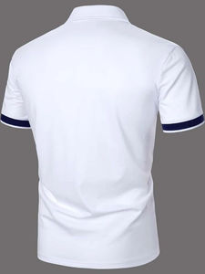 Camisa Blanca de Manga Corta para Hombre, Corte Regular, Informal, Tejida, de Color Sólido con Ribete Azul Marino en los Puños, 100% Algodón, Transpirable, para Invierno - Product Image 5
