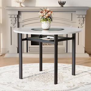 Tavolo da Pranzo Moderno Minimalista Bianco da 42 Pollici per 4-6 Persone con Inserto in Vetro Grigio e Base in Metallo Stabile - Product Image 2
