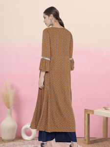 Vente en gros : Kurti d'été imprimé floral coupe trapèze en viscose marron, vêtement ethnique décontracté et confortable pour femme, protection solaire - Product Image 2