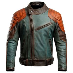 Nouvelle veste en cuir pour homme, style vintage, moto, effet usé, tendance, vert brun, véritable peau de mouton, col montant, fermeture éclair - Product Image 1