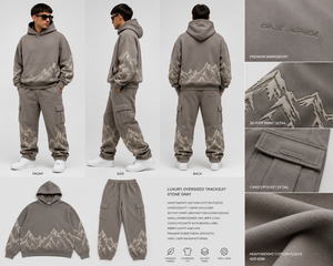 Conjunto de chándal de lujo gris piedra extragrande para hombre, con sudadera pesada y joggers cargo con estampado de montaña, OEM ODM, personalizado, estilo urbano - Product Image 6