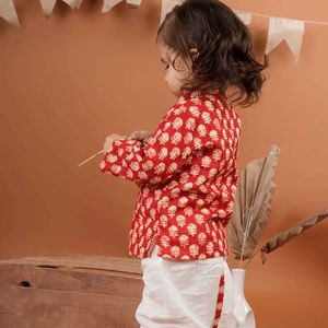 Printed red cotton <b>kurta</b> with dhoti for <b>boys</b>-T-Redbootykurta - Product Image 1