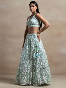 Luxury Mint <b>Green</b> Floral Lehenga Choli Women | Indian Wedding Bridal Party Wear Bollywood Style Floor-Length Soft <b>Net</b> Quick Dry - Product Image 4