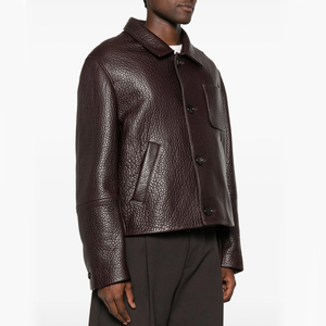 Triveers Brown Genuine Leather Jacket for Men <b>Stand</b> Collar Button Front One Chest Pocket Autumn Bomber Style Casual Short Length - Product Image 3