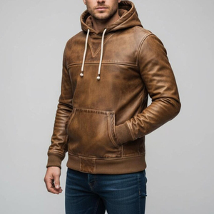 Veste d'hiver pour homme en cuir de vache véritable, col rabattu, logo sur le devant, écologique, coupe-vent, respirante - Product Image 5