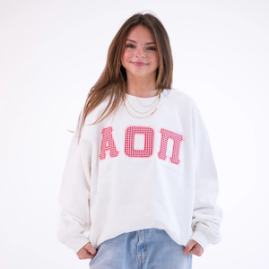 Sweat-shirt blanc surdimensionné en mélange de coton écologique pour femme, broderie Alpha Omicron Pi, épaules tombantes, col rond, manches longues - Product Image 2