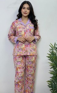 Fashion Women Printed Pajama Set Cotton Nightwear Set Long Sleeve Shirt Elastic Waist <b>Pants</b> - Product Image 2