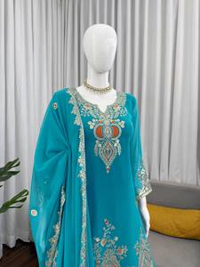 ชุดสัลวาร์ คามีซปักลายสีเทอร์ควอยซ์สำหรับผู้หญิง ชุดอินเดียแบบดั้งเดิม พร้อมผ้าคลุมไหล่เข้าชุด เหมาะสำหรับงานแต่งงานและงานปาร์ตี้ - Product Image 2