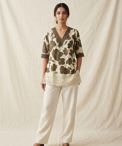 Women Cotton Kurta Floral Printed V Neck 3/4 Sleeve <b>Embroidered</b> Hem Casual Indian Ethnic <b>Tunic</b> Top - Product Image 6