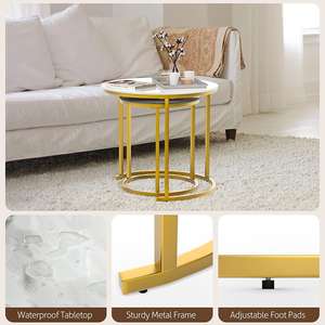 Table basse ronde blanche et or, tables d'appoint empilables aspect bois avec cadres métalliques robustes pour salon - Product Image 2