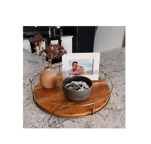 New High Quality Handmade Round Wooden Serving <b>Tray</b> with Metal Handles Serving <b>Tray</b> for Home Decor <b>Breakfast</b> Serving <b>Tray</b> - Product Image 3