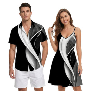 Tenues de vacances assorties imprimées par sublimation pour couple, vêtements de plage décontractés amples, chemise hawaïenne pour homme et robe cami assortie pour femme - Product Image 1