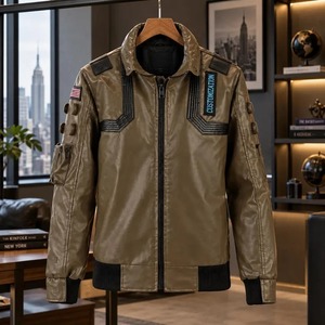 Chaqueta Bomber Unisex de Cuero Marrón con Cuello Alto, Estilo Motero, Gruesa - Product Image 1