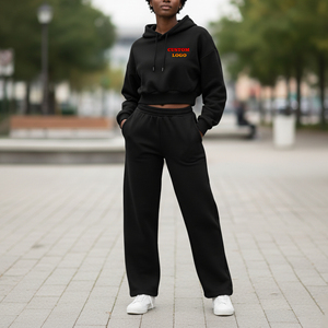 Ensemble de survêtement deux pièces sur mesure brodé, pull oversize, crop top à capuche et pantalon de jogging, grande taille, style hip-hop, hiver, longueur genou - Product Image 4