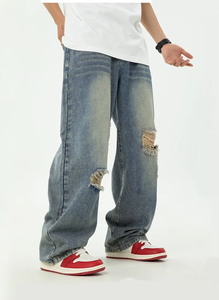 Jeans baggy vintage pour homme, style rétro, délavé, effet usé, streetwear Y2K, coupe ample, jambe droite, denim en coton, logo personnalisé ODM - Product Image 4