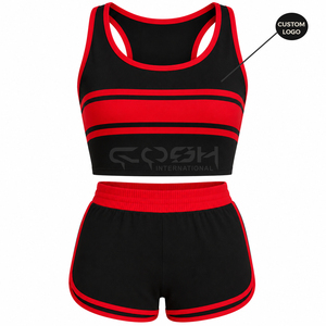 Cosh International Sorority Sisterhood Black Red Striped 2 Piece Sports Set <b>Sleeveless</b> Crop <b>Top</b> Shorts Quick Dry <b>Knitted</b> Sporty - Product Image 1