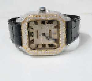 Montre mécanique carrée de luxe personnalisée avec bracelet en cuir noir, boîtier en or jaune et accents de diamants - Product Image 1