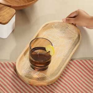 Bandeja de servir de madera rectangular con patrón geométrico grabado, diseño minimalista, asa duradera para uso en fiestas - Product Image 6