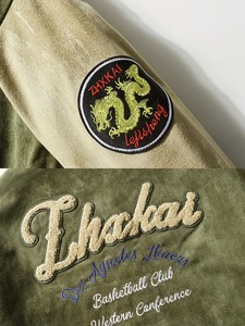 OEM Premium Quality 100% Cotton <b>Men's</b> Olive Green <b>Suede</b> Varsity <b>Jacket</b> Embroidered Letter A Patch Design Streetwear Regular Fit - Product Image 4